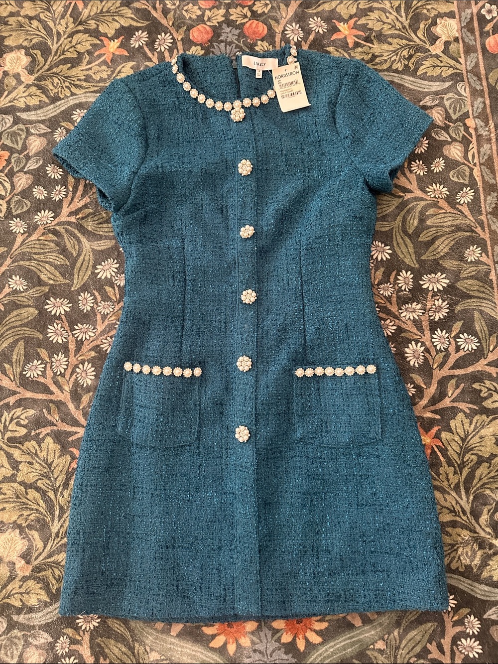 Likely Teal Tweed Pearl-Trim Shift Dress